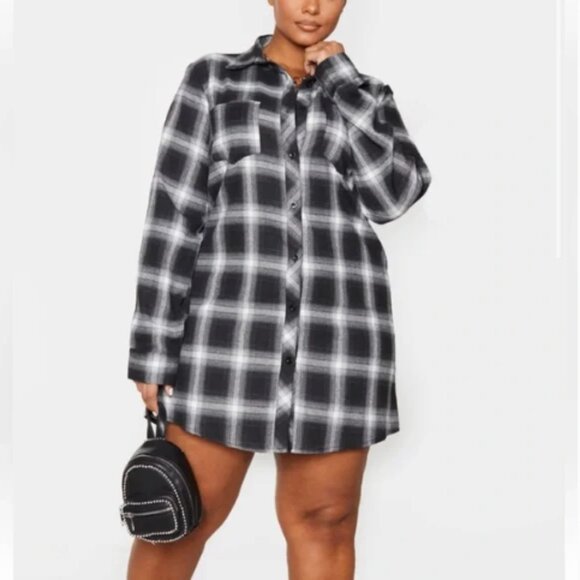 PrettyLittleThing Black and White Checked Oversized Shirt Dress Tunic Medium - Picture 3 of 13